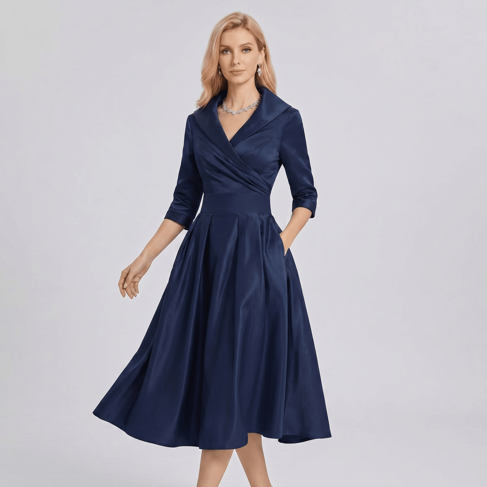 Women A - Line Dress Lapel Neck Pleated Waist Design - Evergreen Outfits - Women Midi Dress