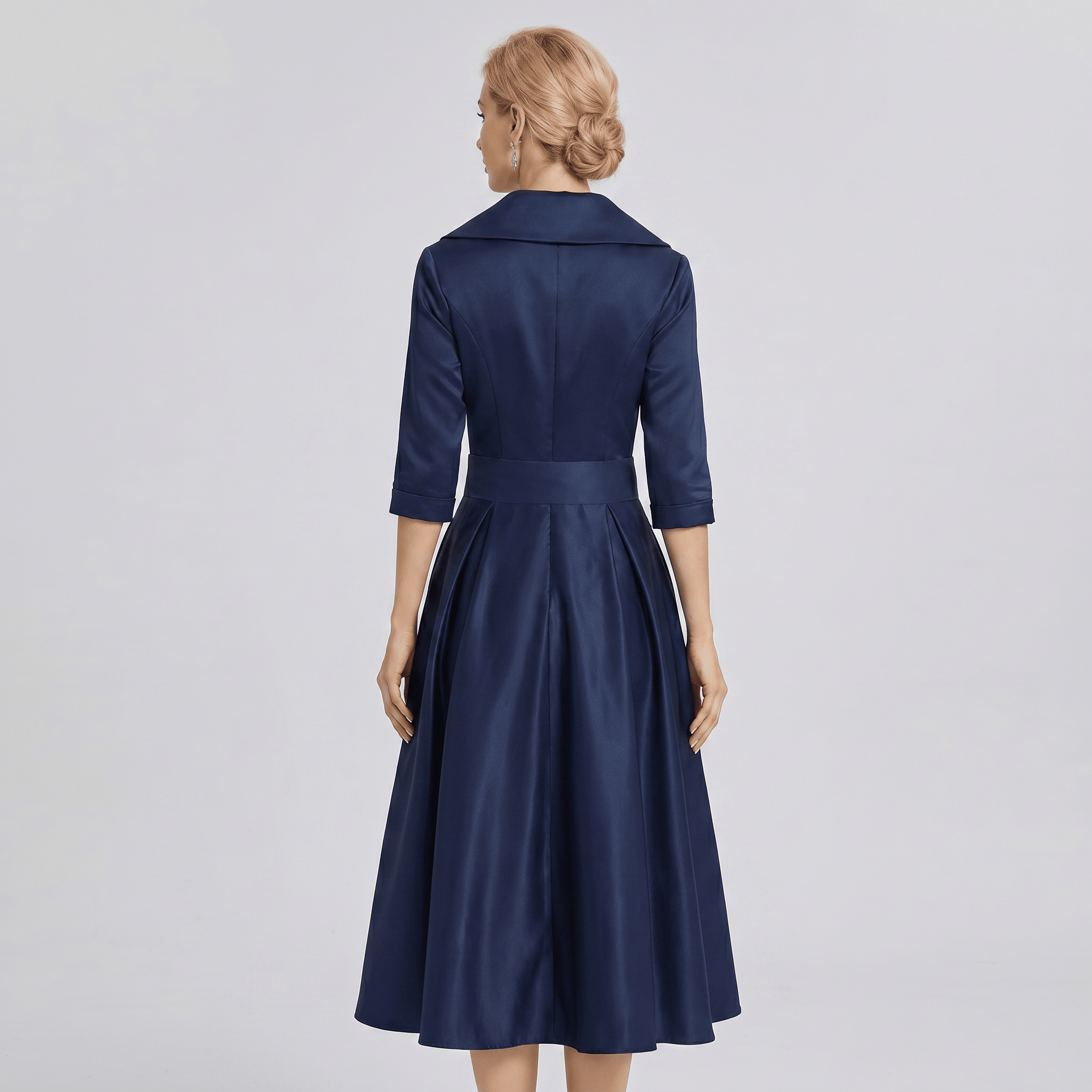 Women A - Line Dress Lapel Neck Pleated Waist Design - Evergreen Outfits - Women Midi Dress