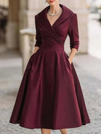 Women A - Line Dress Lapel Neck Pleated Waist Design - Evergreen Outfits - Women Midi Dress