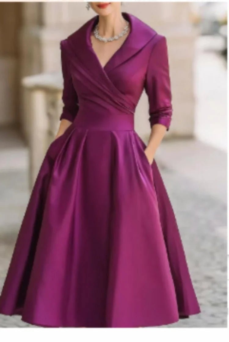Women A - Line Dress Lapel Neck Pleated Waist Design - Evergreen Outfits - Women Midi Dress