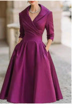 Women A - Line Dress Lapel Neck Pleated Waist Design - Evergreen Outfits - Women Midi Dress
