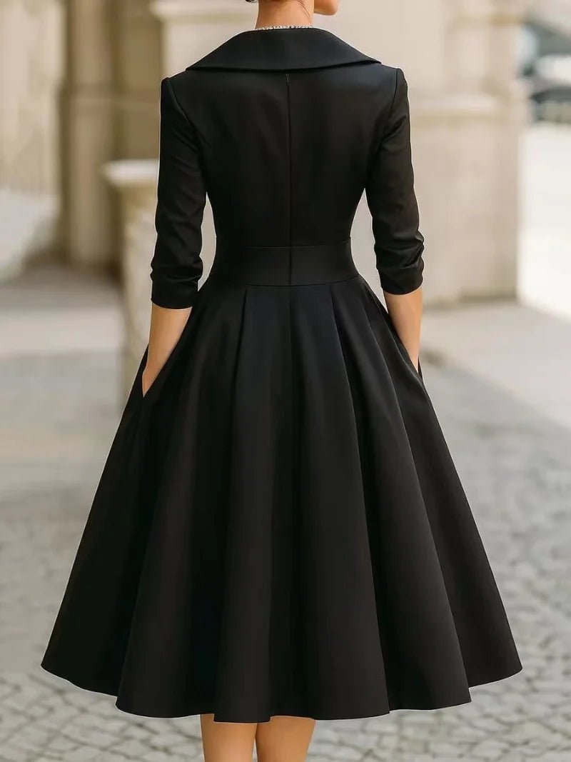 Women A - Line Dress Lapel Neck Pleated Waist Design - Evergreen Outfits - Women Midi Dress