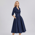 Women A - Line Dress Lapel Neck Pleated Waist Design - Evergreen Outfits - Women Midi Dress