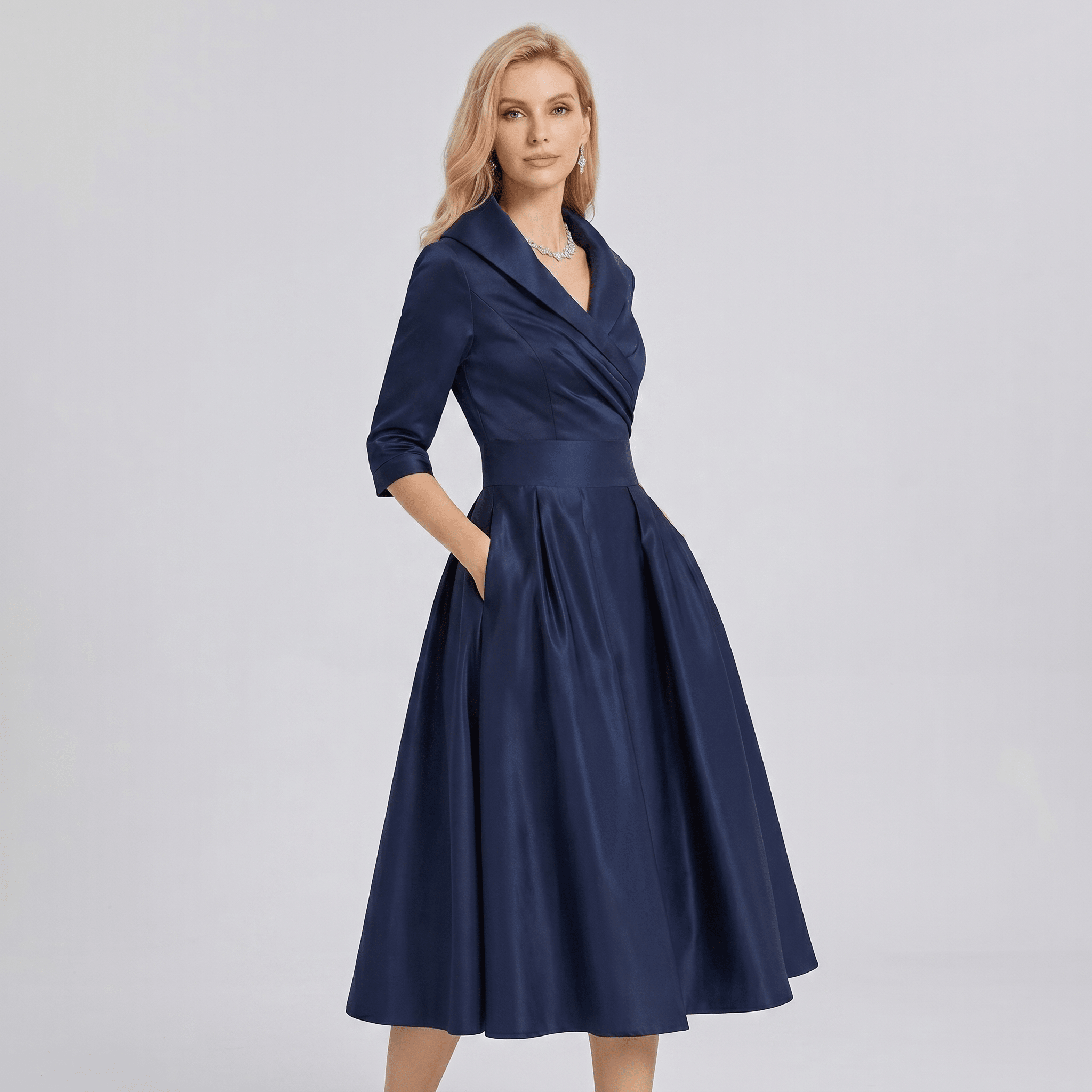 Women A - Line Dress Lapel Neck Pleated Waist Design - Evergreen Outfits - Women Midi Dress
