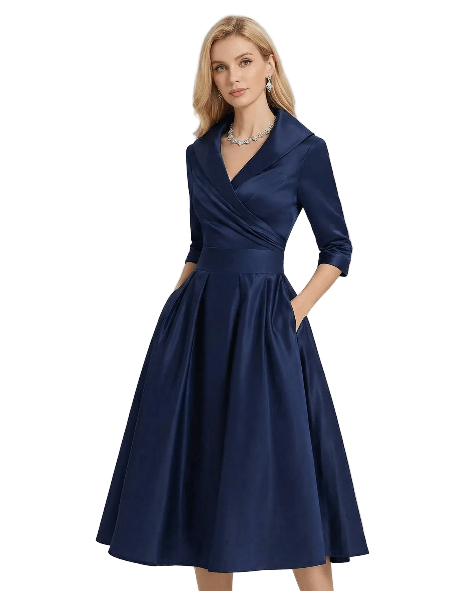 Women A - Line Dress Lapel Neck Pleated Waist Design - Evergreen Outfits - Women Midi Dress