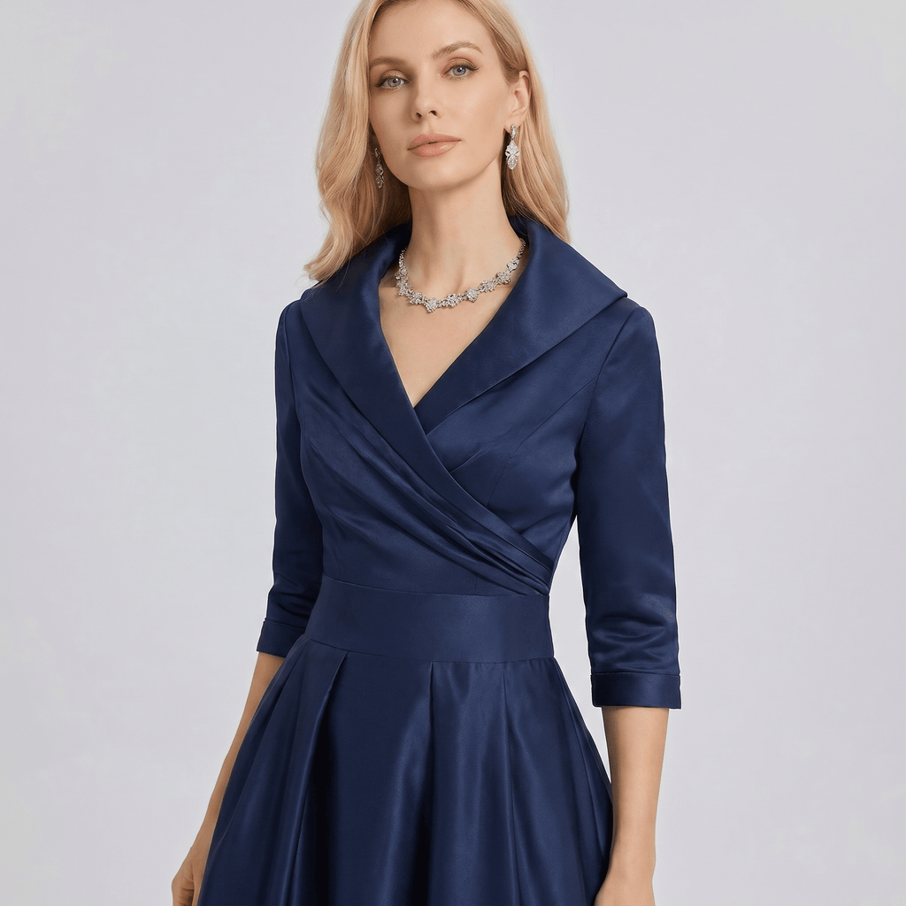 Women A - Line Dress Lapel Neck Pleated Waist Design - Evergreen Outfits - Women Midi Dress