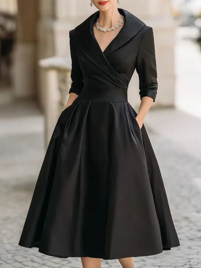 Women A - Line Dress Lapel Neck Pleated Waist Design - Evergreen Outfits - Women Midi Dress