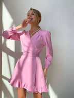 Women A-Line Mini Dress Long Sleeve V-Neck Waist Fit - Evergreen Outfits- Women Mini Dress