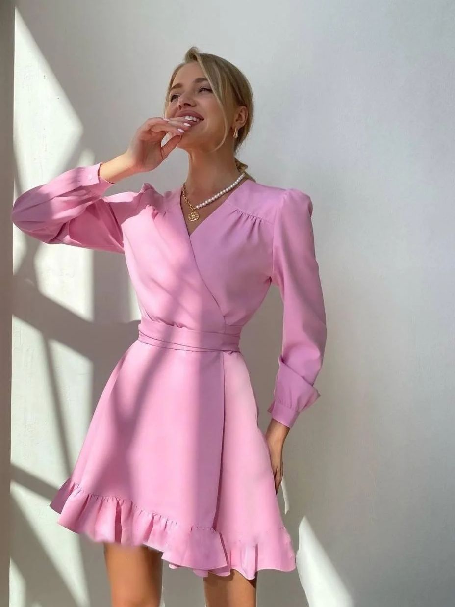 Women A-Line Mini Dress Long Sleeve V-Neck Waist Fit - Evergreen Outfits- Women Mini Dress
