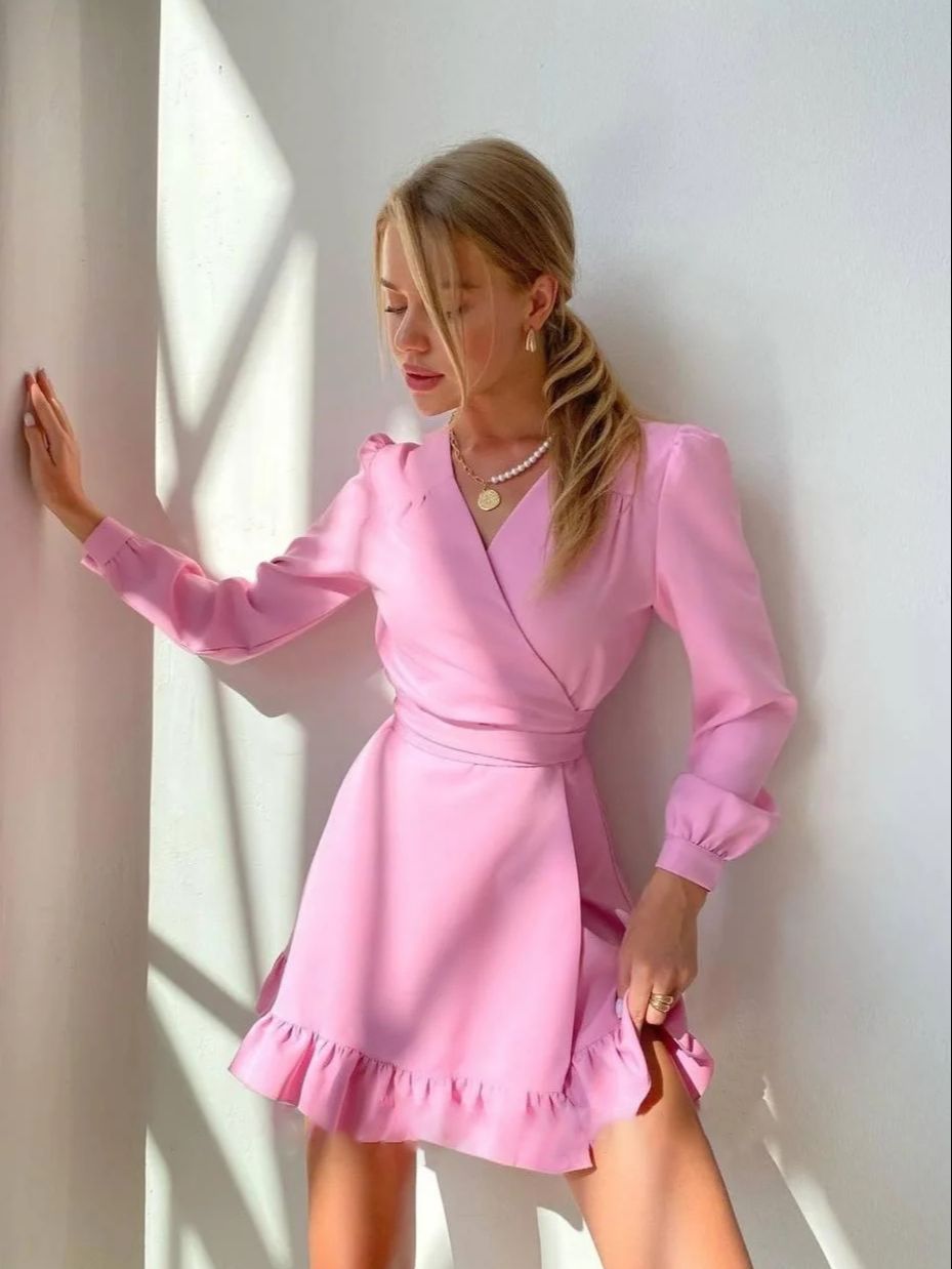 Women A-Line Mini Dress Long Sleeve V-Neck Waist Fit - Evergreen Outfits- Women Mini Dress