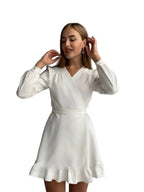 Women A-Line Mini Dress Long Sleeve V-Neck Waist Fit - Evergreen Outfits- Women Mini Dress