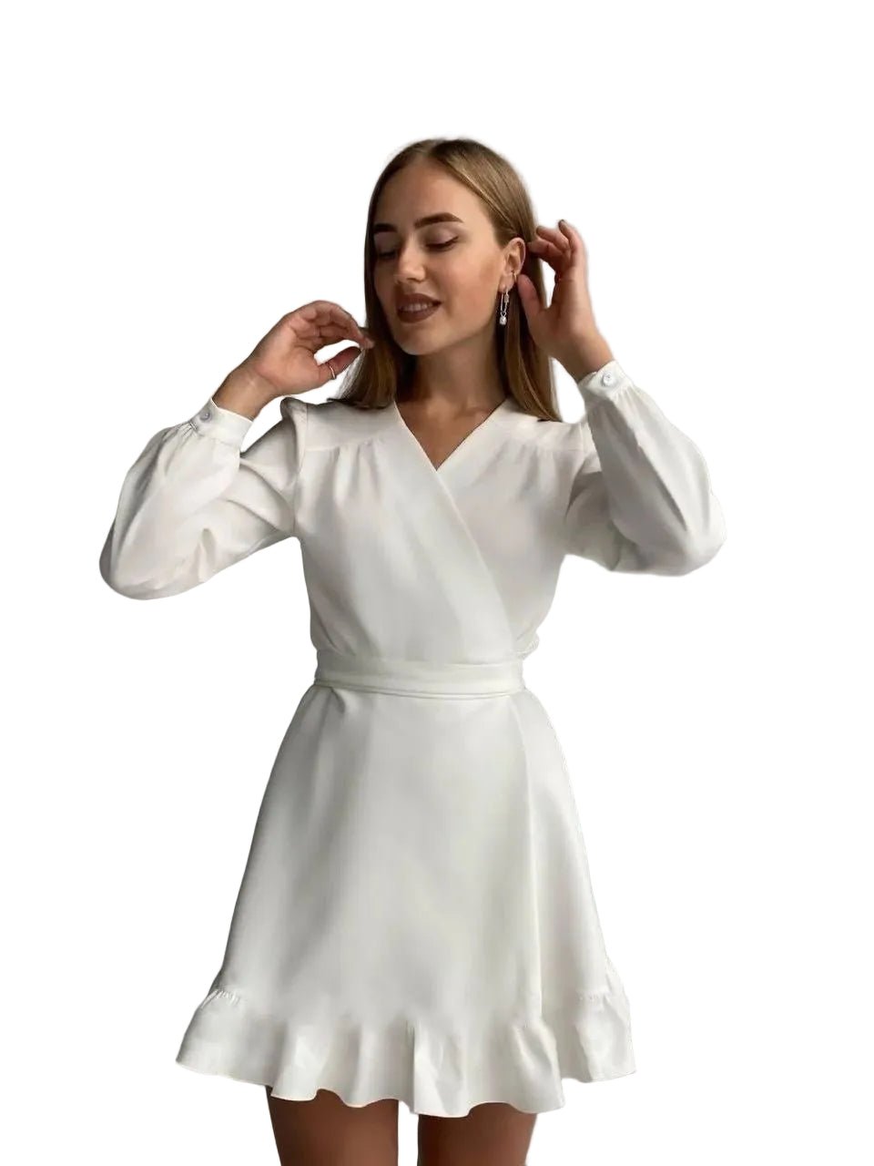Women A-Line Mini Dress Long Sleeve V-Neck Waist Fit - Evergreen Outfits- Women Mini Dress