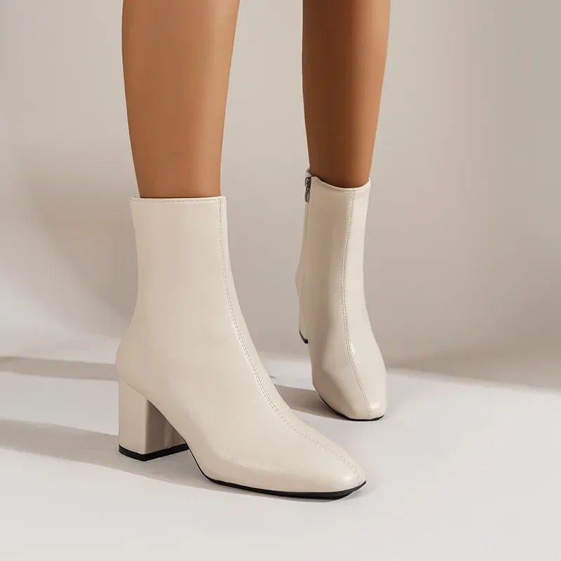 Women Ankle Boots Block Heel Pointed Toe Zip Closure - Evergreen Outfits - Women Boots
