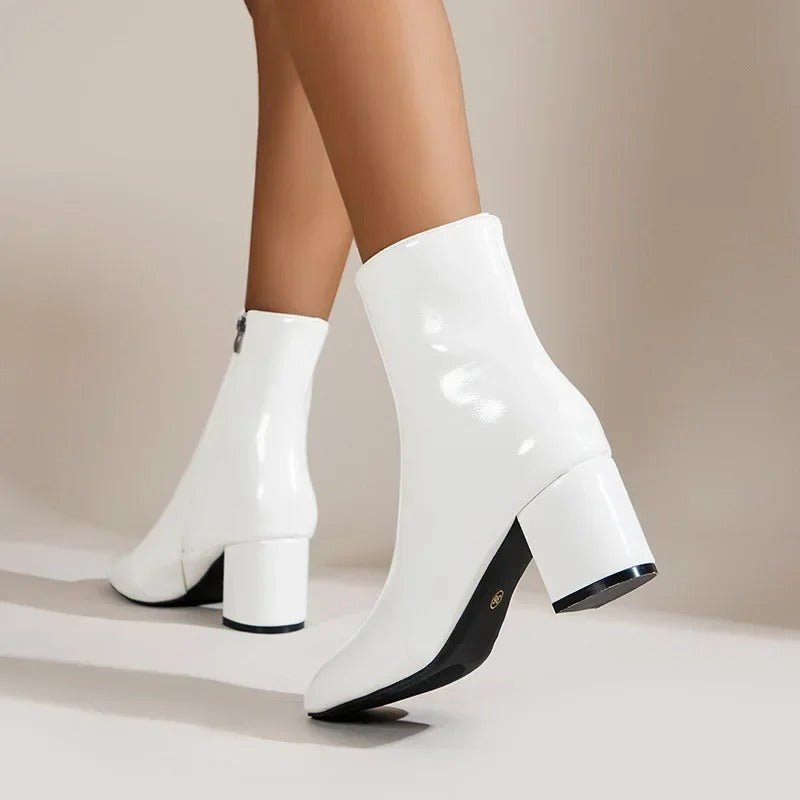 Women Ankle Boots Block Heel Pointed Toe Zip Closure - Evergreen Outfits - Women Boots