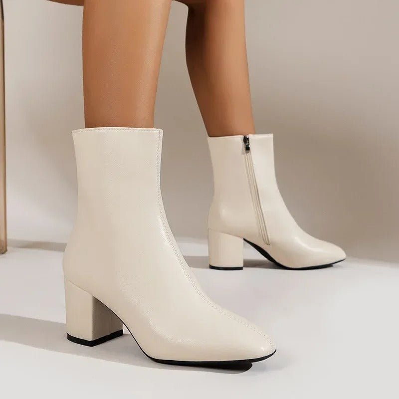 Women Ankle Boots Block Heel Pointed Toe Zip Closure - Evergreen Outfits - Women Boots
