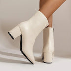 Women Ankle Boots Block Heel Pointed Toe Zip Closure - Evergreen Outfits - Women Boots