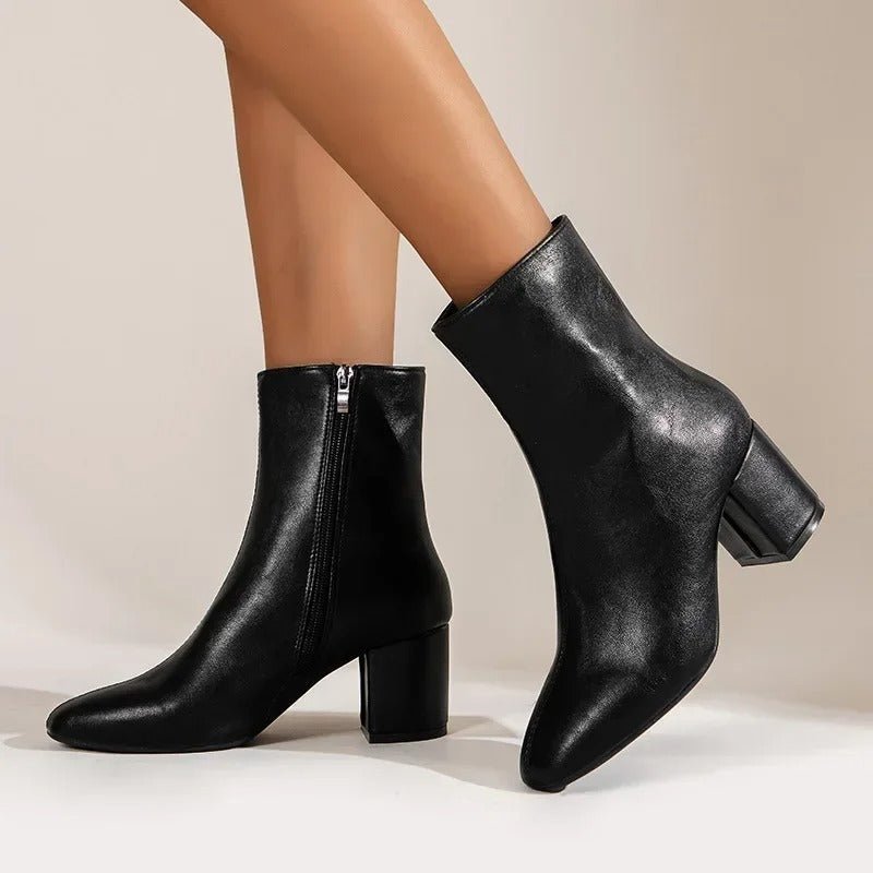 Women Ankle Boots Block Heel Pointed Toe Zip Closure - Evergreen Outfits - Women Boots