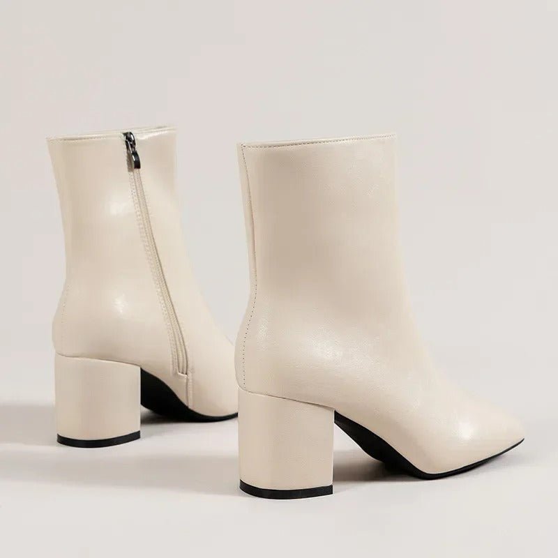 Women Ankle Boots Block Heel Pointed Toe Zip Closure - Evergreen Outfits - Women Boots