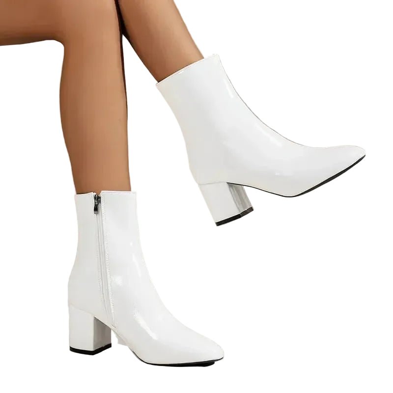 Women Ankle Boots Block Heel Pointed Toe Zip Closure - Evergreen Outfits - Women Boots