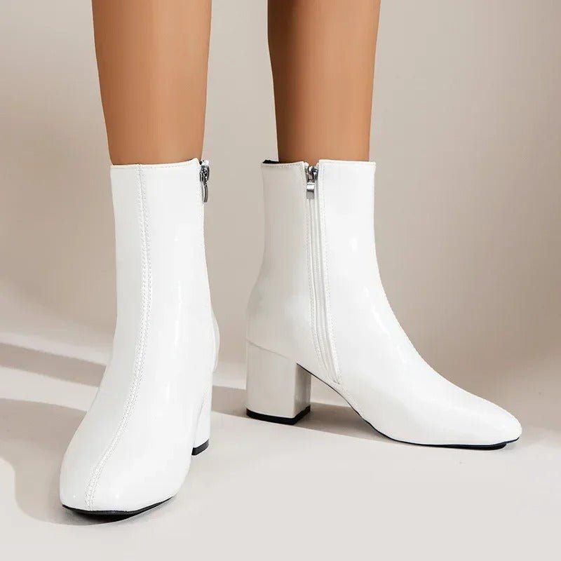 Women Ankle Boots Block Heel Pointed Toe Zip Closure - Evergreen Outfits - Women Boots