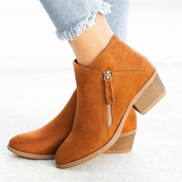 Women Ankle Boots Side Zip Closure Low Heel Ankle Length - Evergreen Outfits - Women Boots