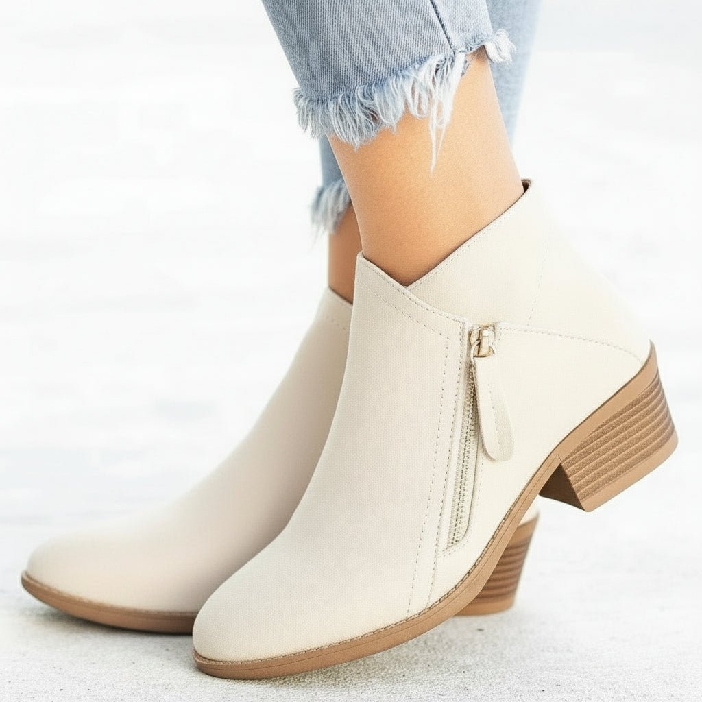 Women Ankle Boots Side Zip Closure Low Heel Ankle Length - Evergreen Outfits - Women Boots