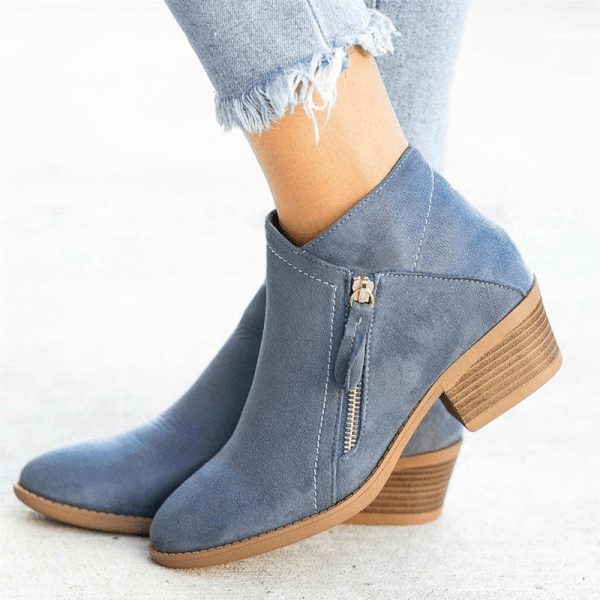 Women Ankle Boots Side Zip Closure Low Heel Ankle Length - Evergreen Outfits - Women Boots