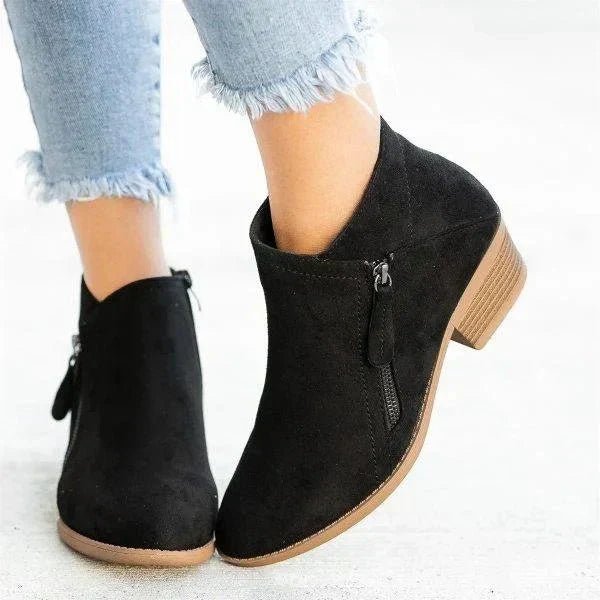 Women Ankle Boots Side Zip Closure Low Heel Ankle Length - Evergreen Outfits - Women Boots