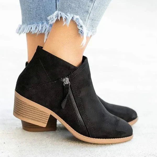 Women Ankle Boots Side Zip Closure Low Heel Ankle Length - Evergreen Outfits - Women Boots