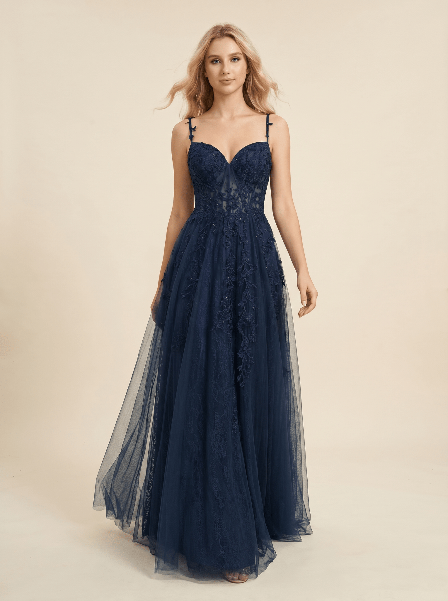 Women Ball Gown A-Line Spaghetti Strap Applique Detail - Evergreen Outfits- Women Gown