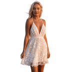 Women Beach Dress Lace Floral V Neck Asymmetrical Hem - Evergreen Outfits - Women Mini Dress