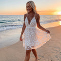 Women Beach Dress Lace Floral V Neck Asymmetrical Hem - Evergreen Outfits - Women Mini Dress
