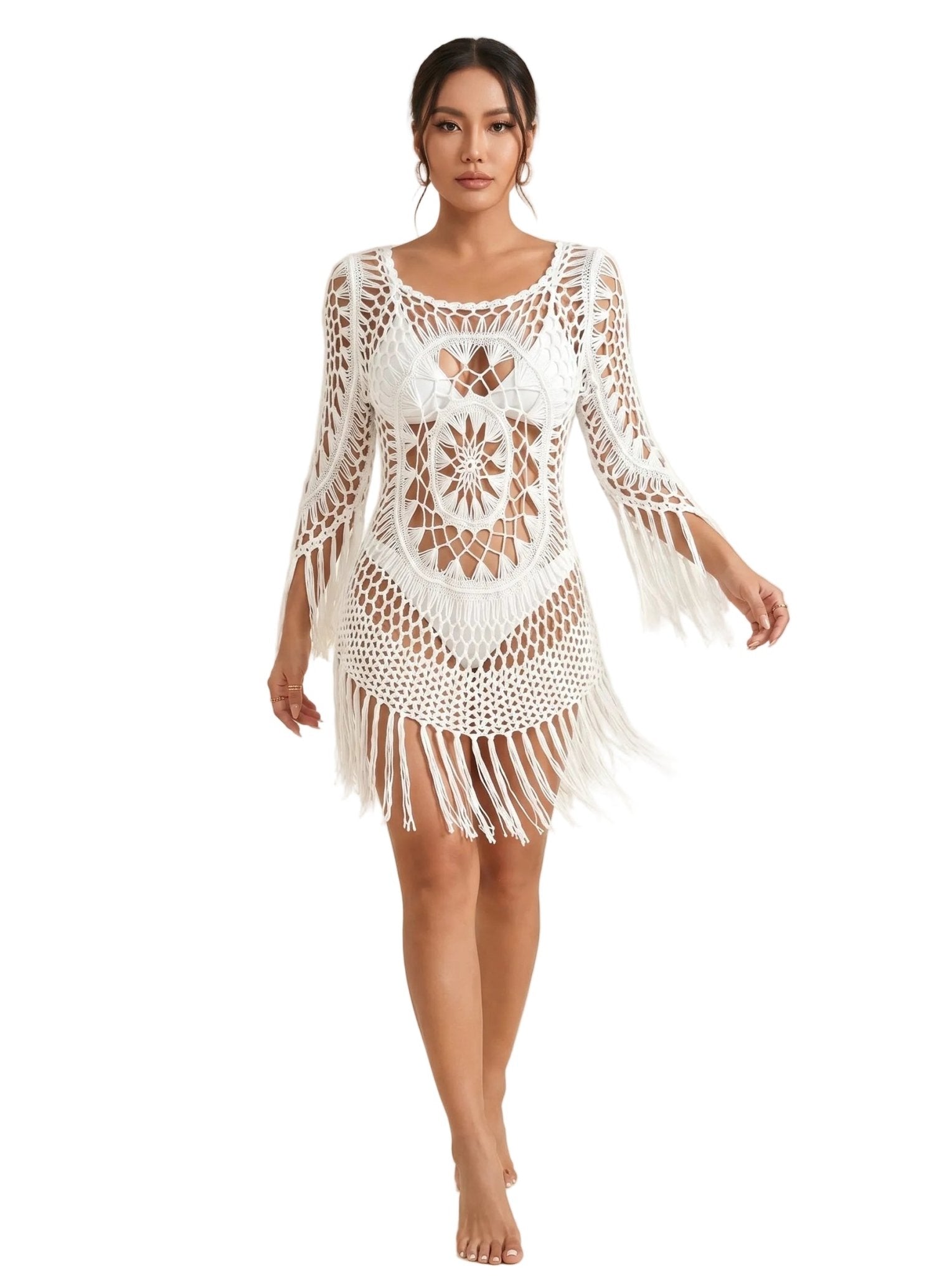 Women Beach Tunic Crocheted Mandala Fringe Mini Cover Up - Evergreen Outfits - Women Mini Dress