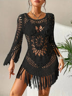 Women Beach Tunic Crocheted Mandala Fringe Mini Cover Up - Evergreen Outfits - Women Mini Dress