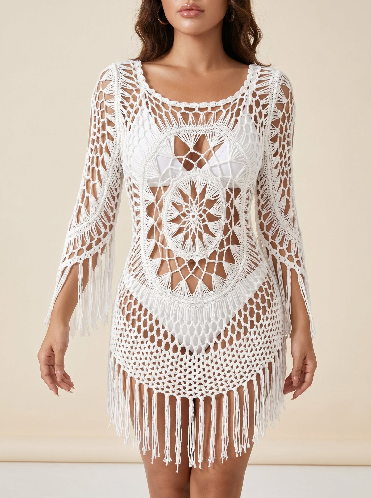 Women Beach Tunic Crocheted Mandala Fringe Mini Cover Up - Evergreen Outfits - Women Mini Dress