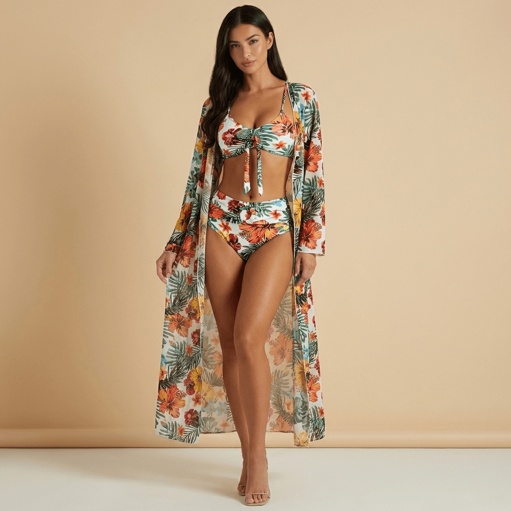 Women Bikini Set Three Piece Tie Front High Waist Bottom - Evergreen Outfits - Women Swimwear