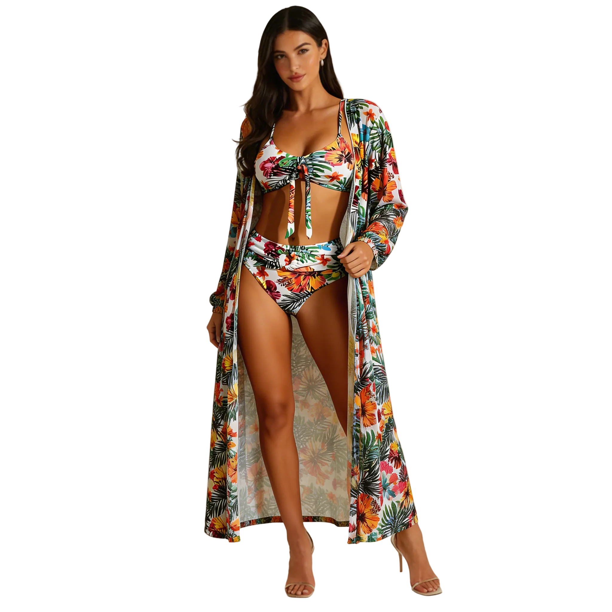 Women Bikini Set Three Piece Tie Front High Waist Bottom - Evergreen Outfits - Women Swimwear