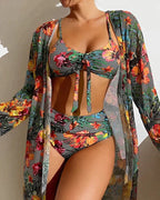 Women Bikini Set Three Piece Tie Front High Waist Bottom - Evergreen Outfits - Women Swimwear