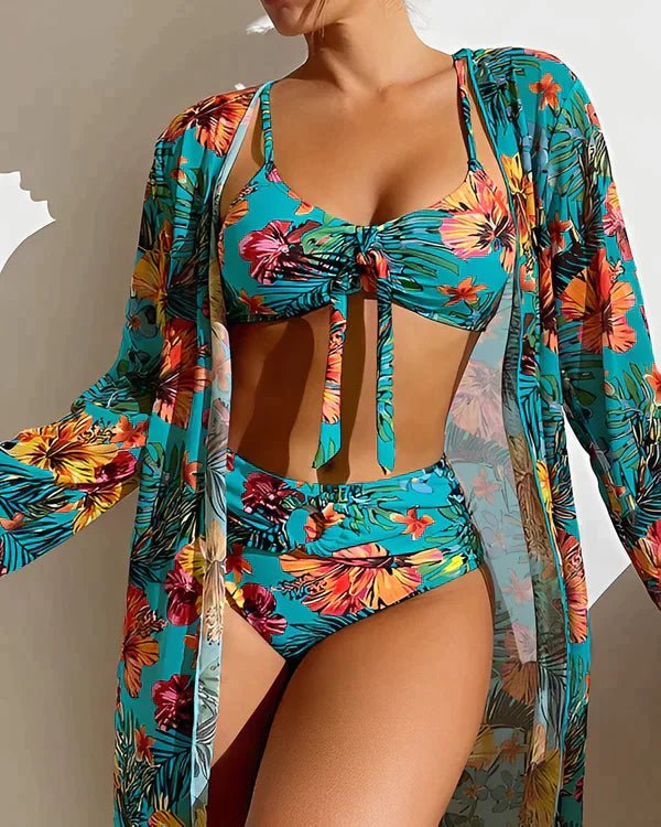 Women Bikini Set Three Piece Tie Front High Waist Bottom - Evergreen Outfits - Women Swimwear