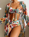Women Bikini Set Three Piece Tie Front High Waist Bottom - Evergreen Outfits - Women Swimwear
