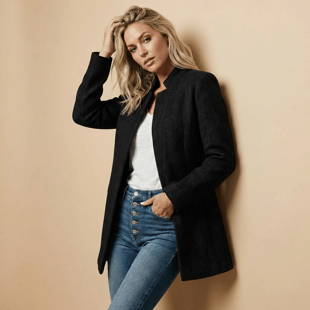 Women Blazer | Herringbone Open-Front Hip-Length Cut - Evergreen Outfits- Blazers