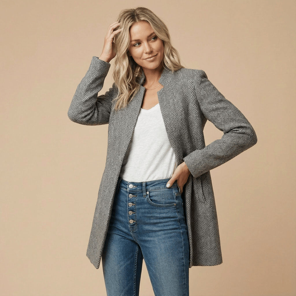 Women Blazer | Herringbone Open-Front Hip-Length Cut - Evergreen Outfits- Blazers