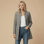 Women Blazer | Herringbone Open-Front Hip-Length Cut - Evergreen Outfits- Blazers