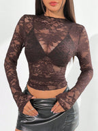 Women Blouse Cropped Fit Long Sleeve Sheer Lace Design - Evergreen Outfits - Women Blouse