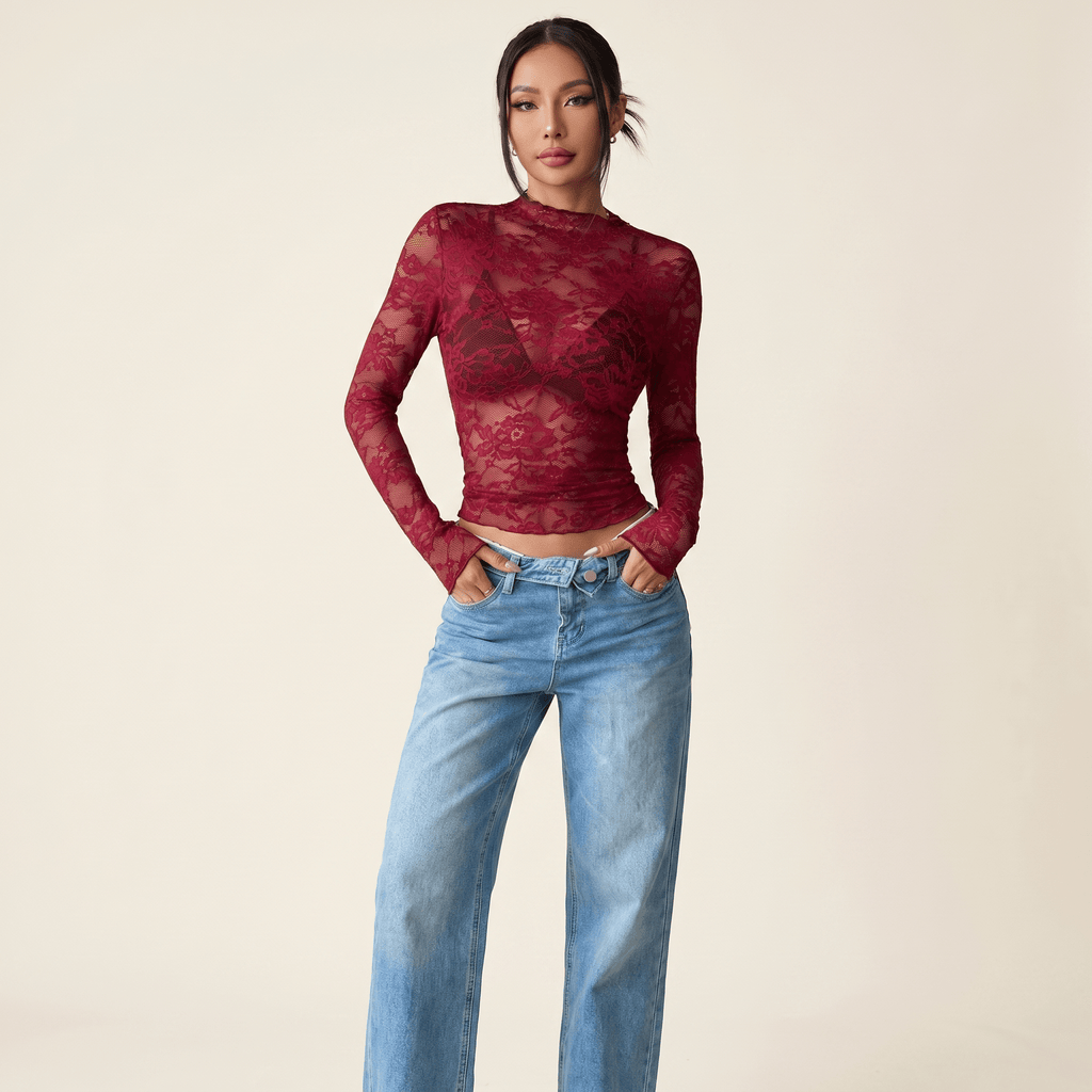 Women Blouse Cropped Fit Long Sleeve Sheer Lace Design - Evergreen Outfits - Women Blouse