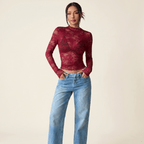Women Blouse Cropped Fit Long Sleeve Sheer Lace Design - Evergreen Outfits - Women Blouse