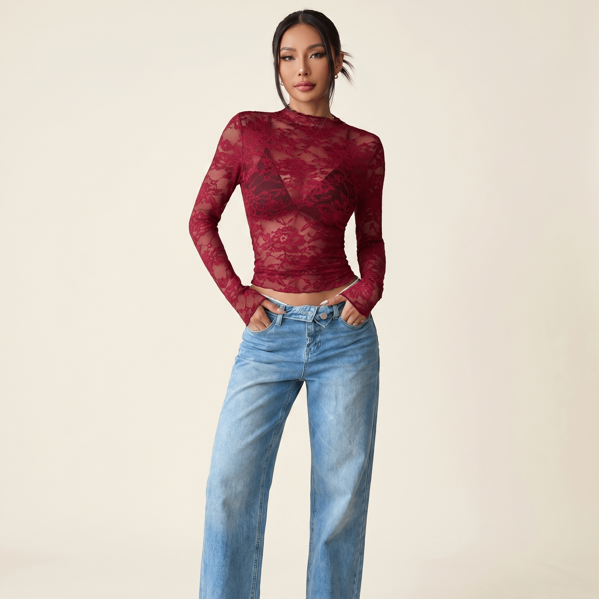 Women Blouse Cropped Fit Long Sleeve Sheer Lace Design - Evergreen Outfits - Women Blouse