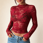 Women Blouse Cropped Fit Long Sleeve Sheer Lace Design - Evergreen Outfits - Women Blouse