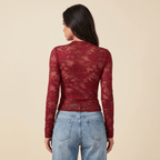 Women Blouse Cropped Fit Long Sleeve Sheer Lace Design - Evergreen Outfits - Women Blouse