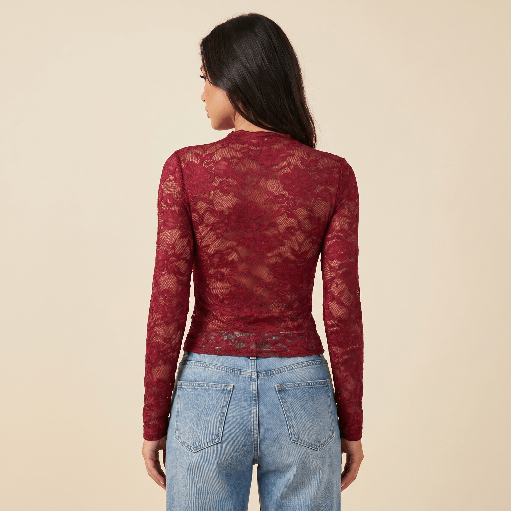 Women Blouse Cropped Fit Long Sleeve Sheer Lace Design - Evergreen Outfits - Women Blouse